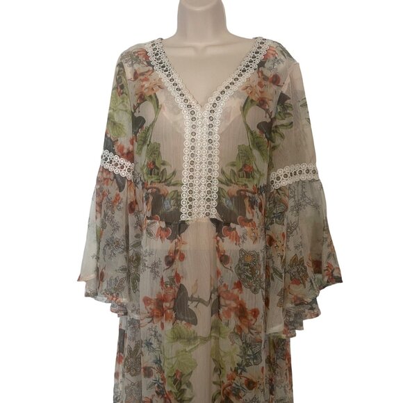 Alberto Makali Floral Sheer Long Dress Lace Trim Bell Sleeves Peasant Boho M - Picture 1 of 16